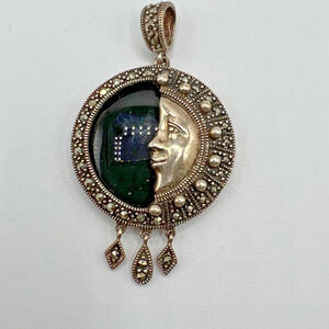 Vintage Sterling Silver Onyx Marcasite Moon Face Pendant